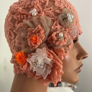 Salmon Flapper Hat Cloche Lace Antique style Wrap Daytime Church